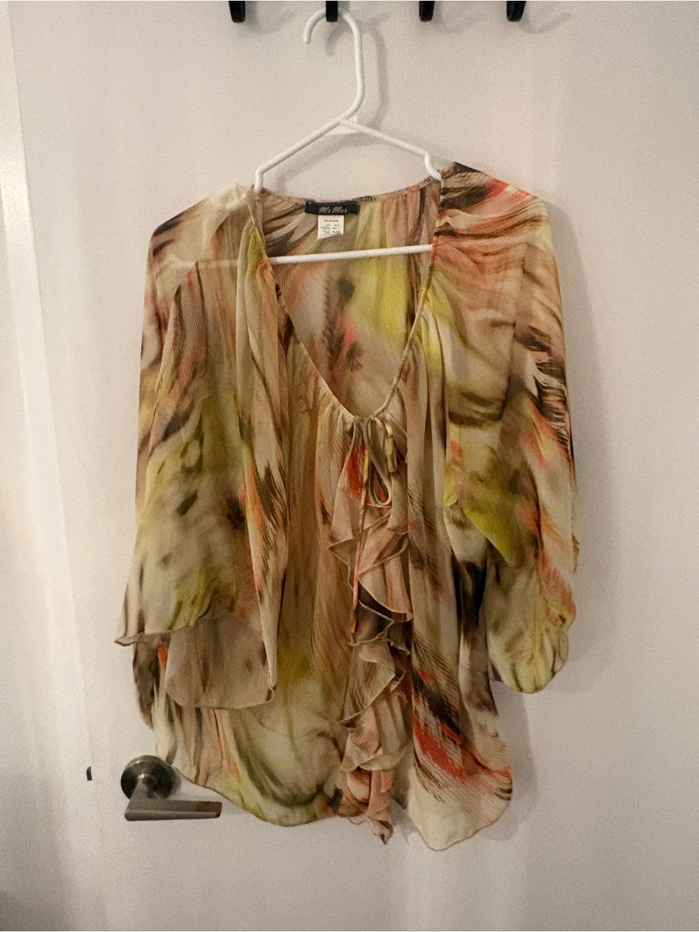 Alfani Women's Sheer Ruffle V-Neck Blouse in Multi-Neutral Green and Coral